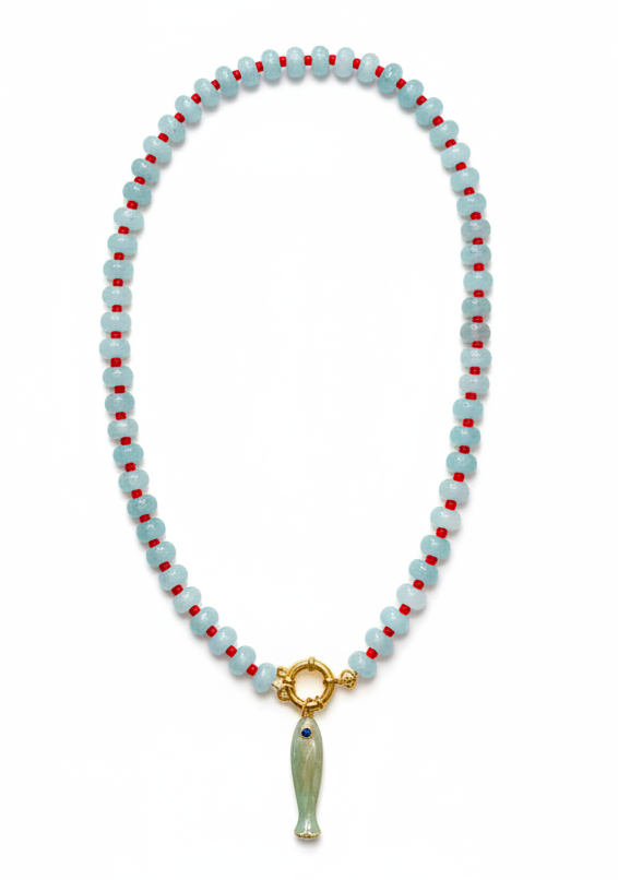 Block Island Bluefin beaded necklace with light green fish charm