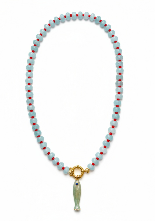 Block Island Bluefin beaded necklace with light green fish charm