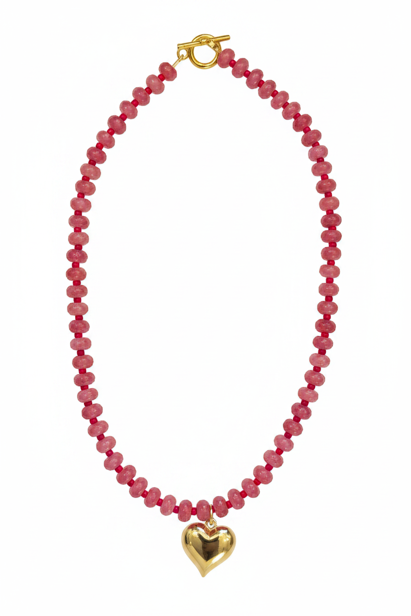 Laguna Love pink beaded necklace with gold heart charm