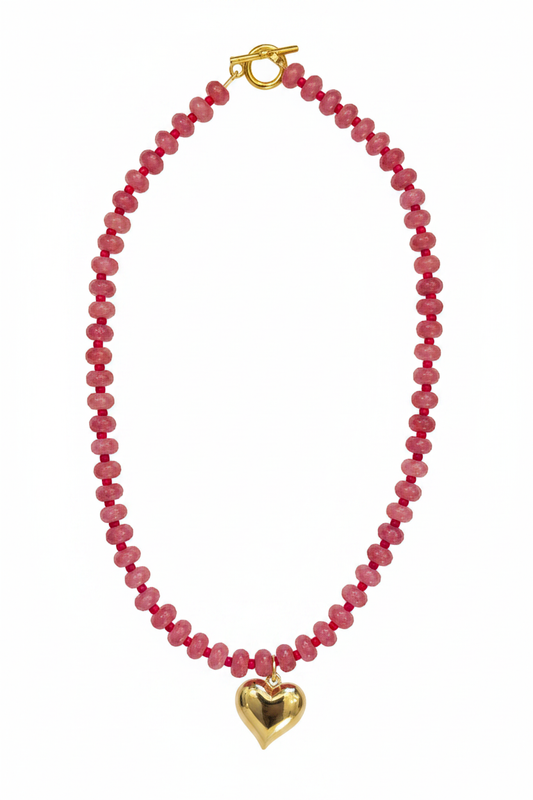 Laguna Love pink beaded necklace with gold heart charm
